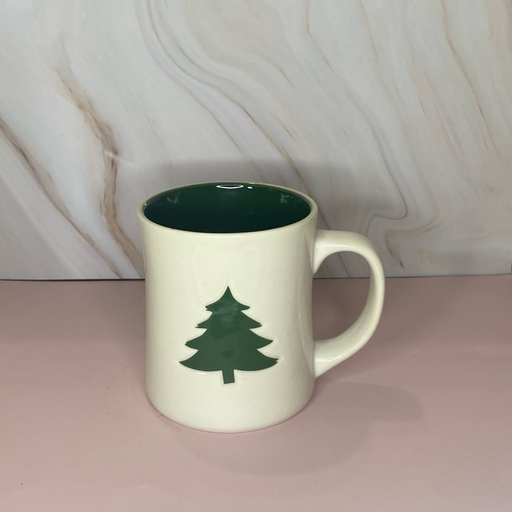 2008 Starbucks Coffee Embossed White + Green Ceramic Mug Pine Tree, 12oz
